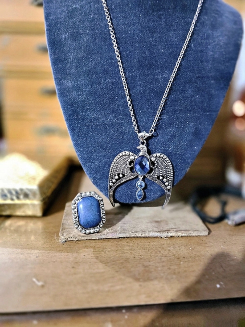 Blue & Silver Pendant Necklace and Ring Set
